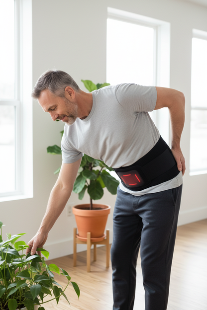 Man wearing therapy belt picking up plant