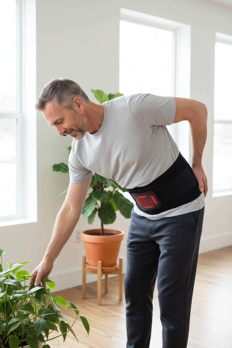 Man wearing therapy belt picking up plant